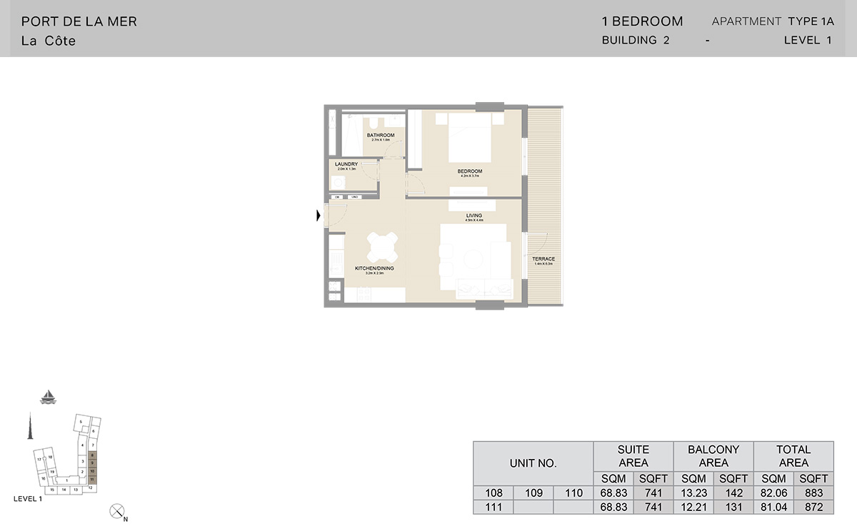 1 Bedroom  Building 2, Type 1 A, Level 1, Size 883   sq. ft.