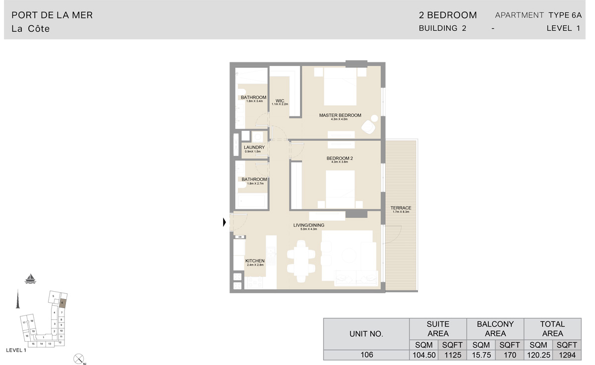 2 Bedroom  Building 2, Type 6 A, Level 1, Size 1294   sq. ft.