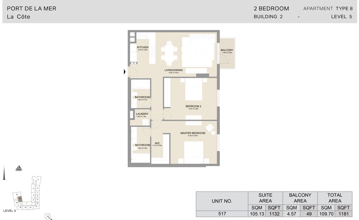 2 Bedroom  Building 2, Type 8, Level 5, Size 1181   sq. ft.