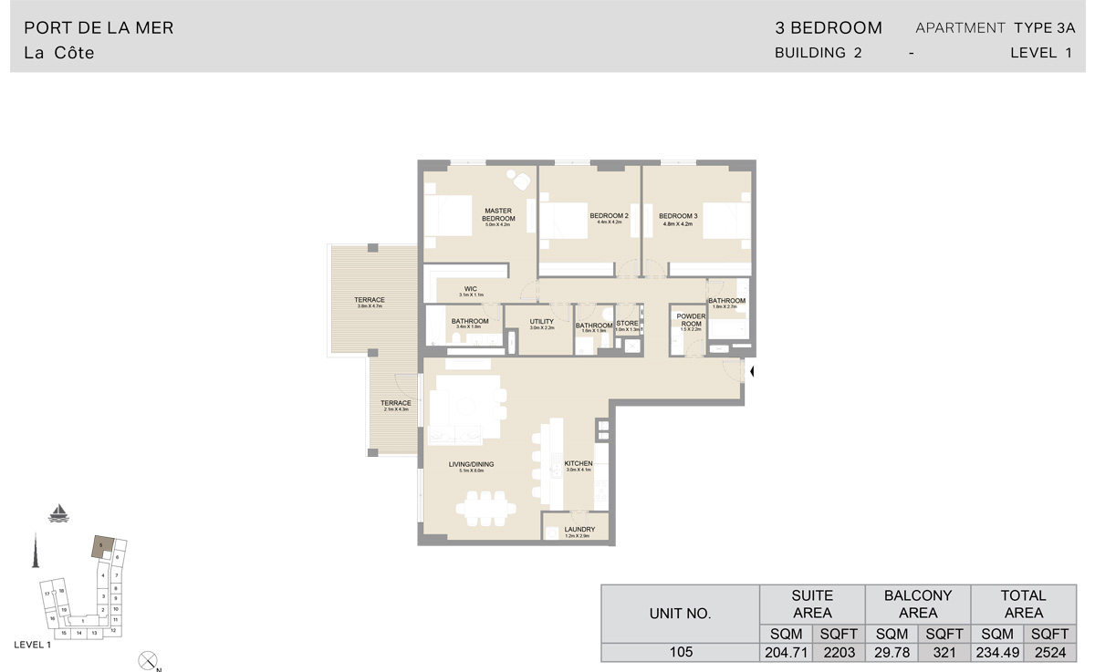 3 卧室 2 号楼，3 A 型，1 层，面积 2524 平方英尺。