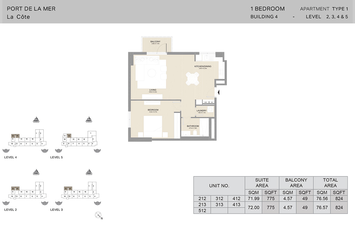 1 卧室建筑 4，类型 1，2 至 5 层，面积 824 平方英尺。