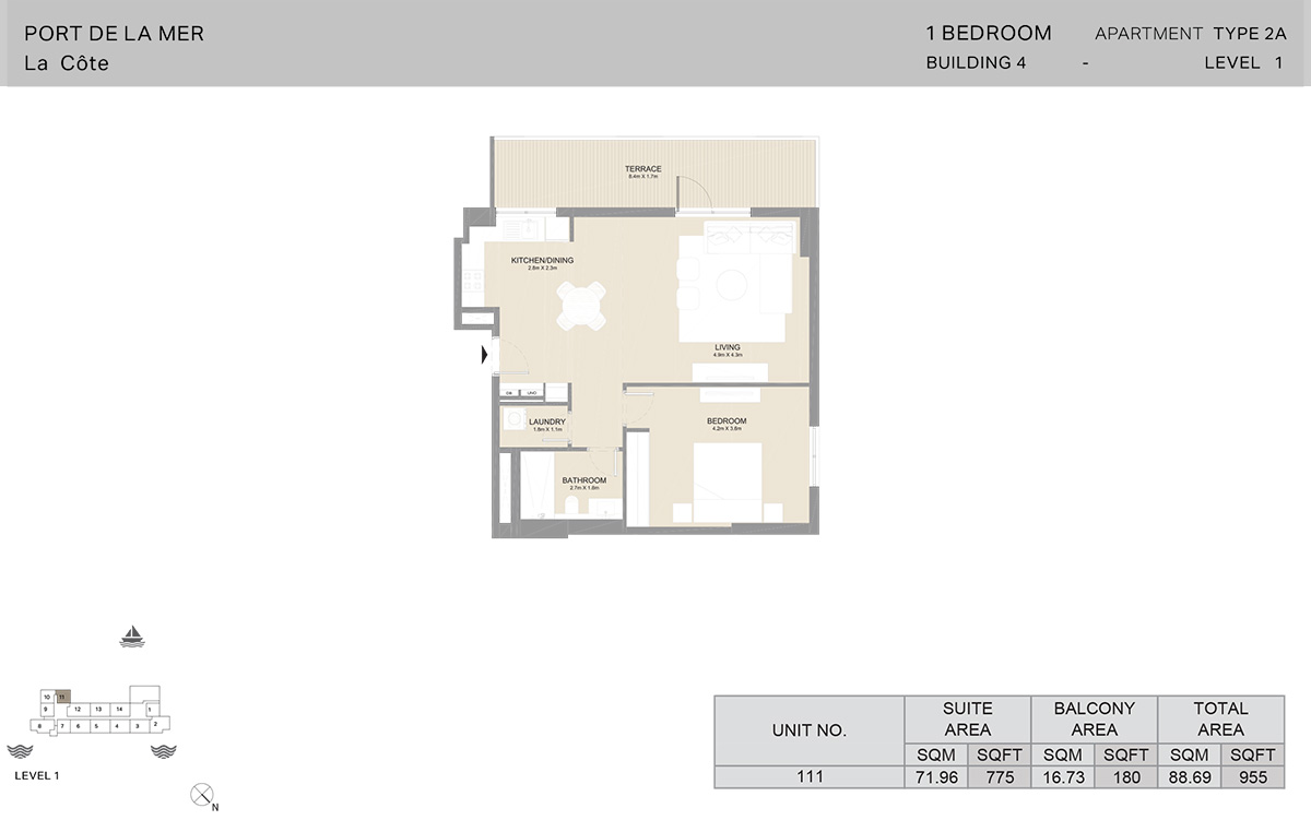 1 卧室 4 号楼，2A 型，1 层，面积 955 平方英尺。