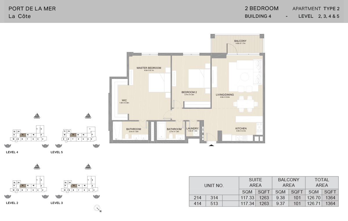 2 卧室 4 号楼，2 型，2 至 5 层，面积 1364 平方英尺。