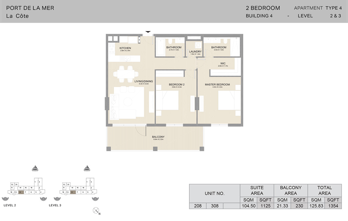 2 卧室 4 号楼，4 型，2 至 3 层，面积 1354 平方英尺。