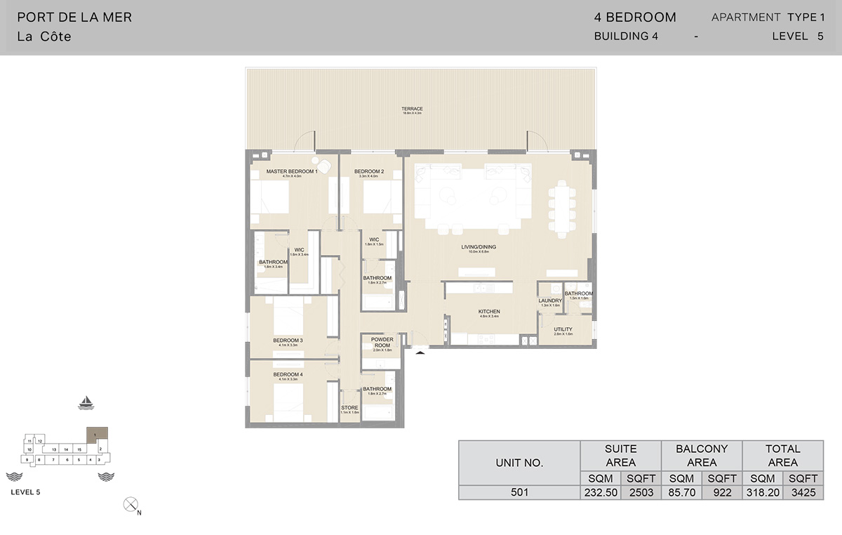 4 卧室 4 号楼，1 型，5 层，面积 3425 平方英尺。
