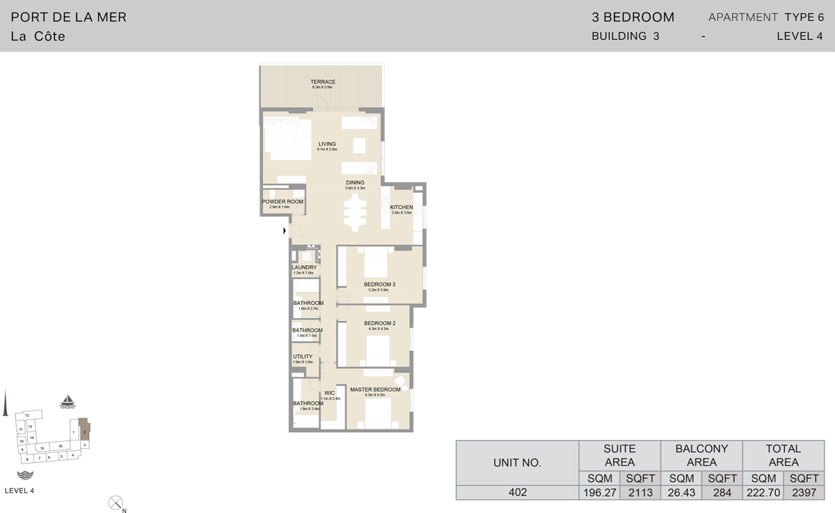 3 卧室建筑 3 层 4，面积 2397 平方英尺。