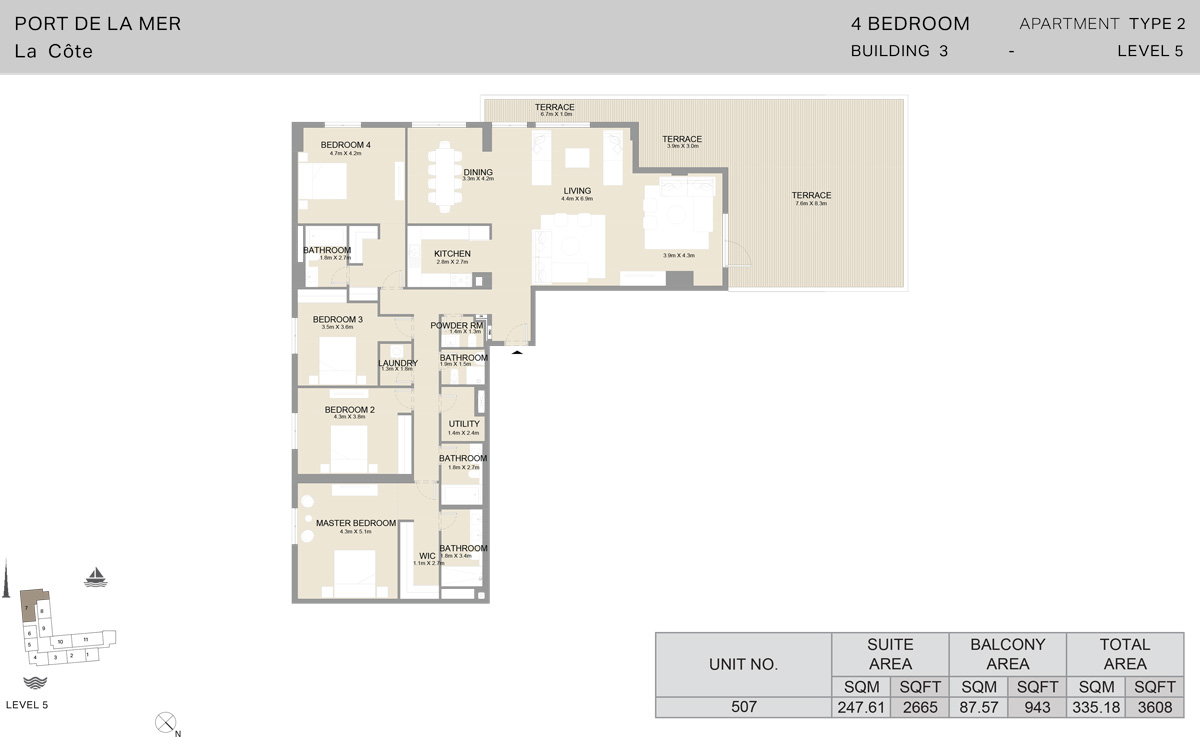 4 卧室建筑 3 层 5，面积 3608 平方英尺。