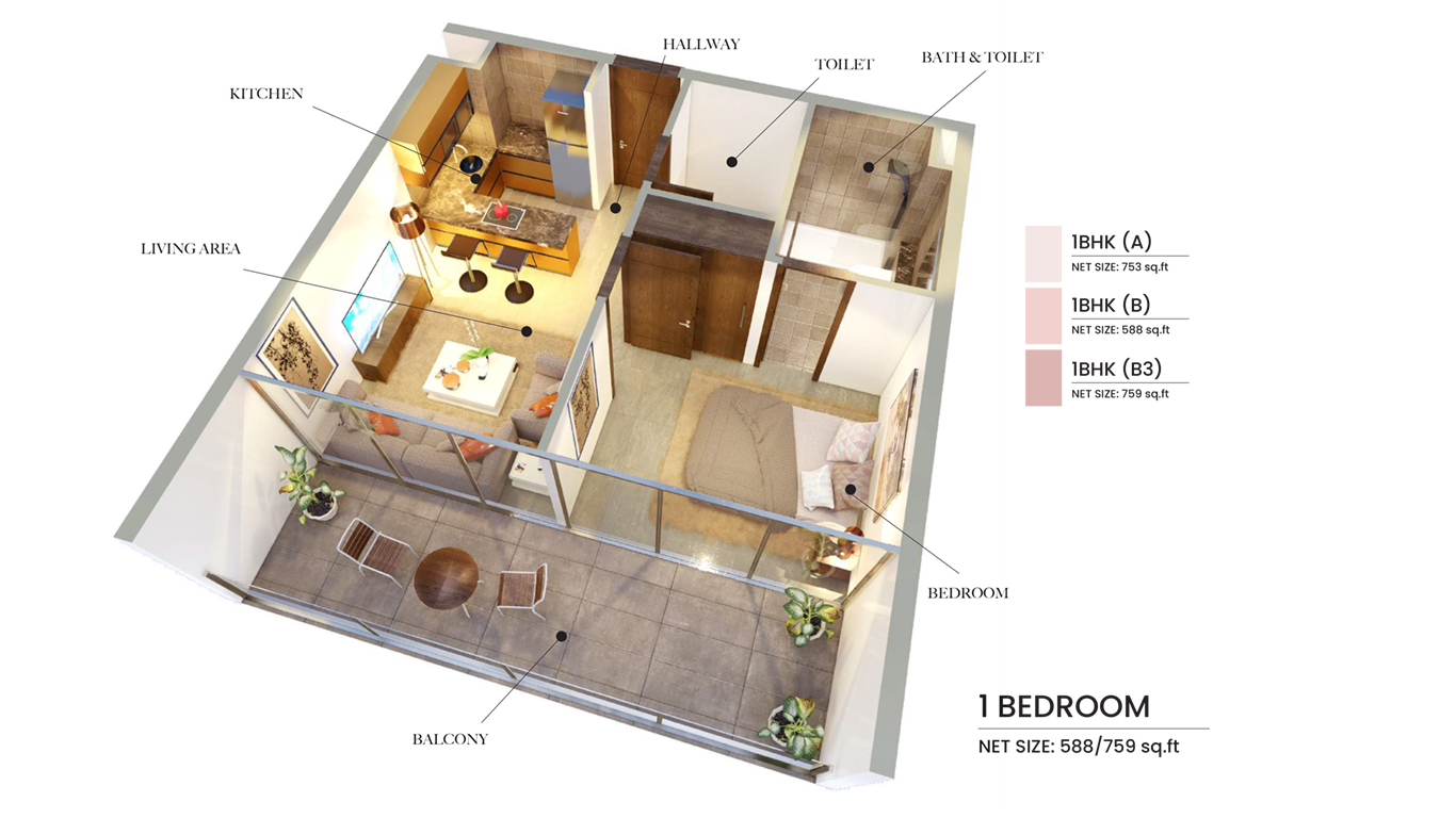 1 Bedroom  Type A, B, Size 759    sq. ft.