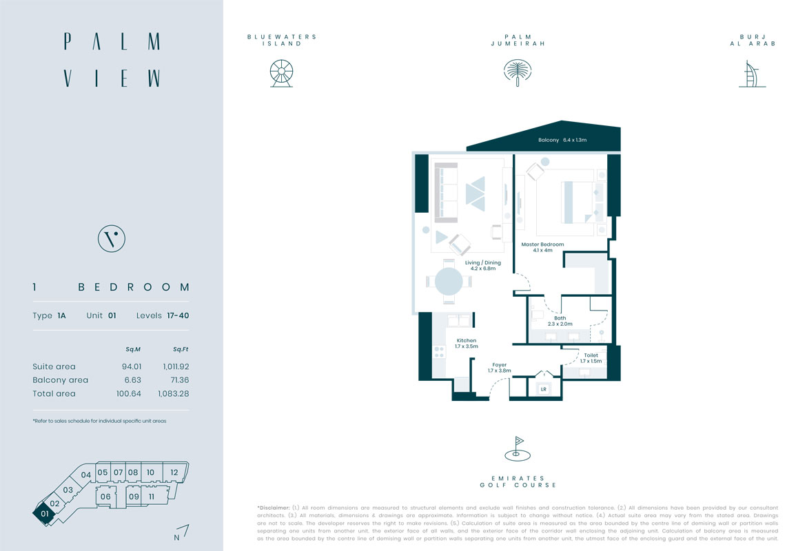 1 Bedroom, Type 1A, Unit 01, Level 17-40